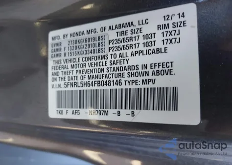 2015 Honda Odyssey Ex-L z USA, uszkodzony, nr VIN 5FNRL5H64FB048146